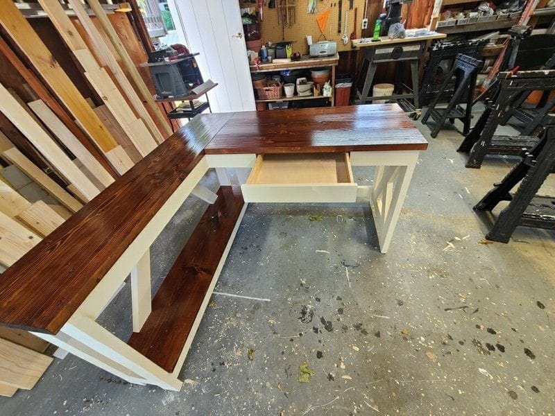 L Shaped Desk With Open Back and Dark Top With Drawer